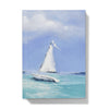 The White Sailboat afloat on tranquil turquoise seas, artwork design hardback journal. Blue and white.