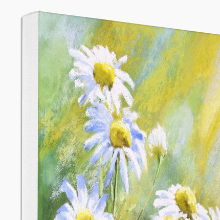 Daisy Flowers in the Sunshine artwork canvas print. Close up of top corner detail and white wrap