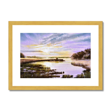 Sunset Marsh artwork print in gold frame with white mount.