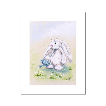 Adorable white rabbit watering the daisy flowers with a little blue watering can, fine art print. Nursery art.