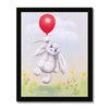 Adorable rabbit and red balloon, nursery framed fine art print in a black frame.