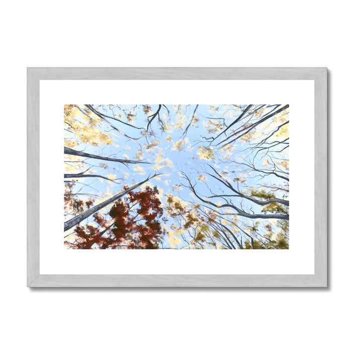 Autumn tree canopy artwork, fine art print in silver frame. Portrait orientation.