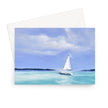 White Sailboat on tranquil turquoise ocean, art greeting card. Landscape orientation