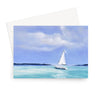 White Sailboat on tranquil turquoise ocean, art greeting card. Landscape orientation