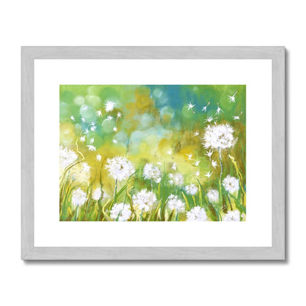 Dandelion seeds and grasses painting, art print with a silver frame