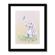 Adorable rabbit, flowers and butterfly, artwork. Fine art print in a black frame with a white mount.