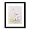 Adorable rabbit, flowers and butterfly, artwork. Fine art print in a black frame with a white mount.