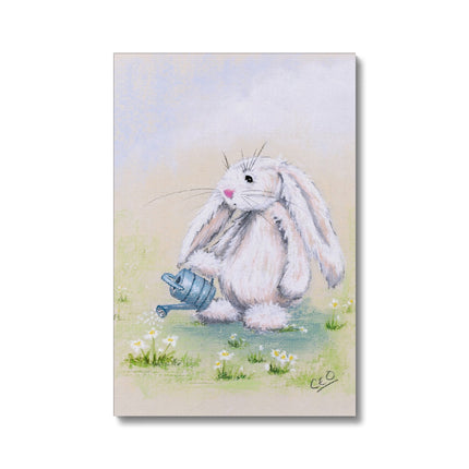 Beautiful white rabbit, watering can and daisy flowers painting, canvas art print