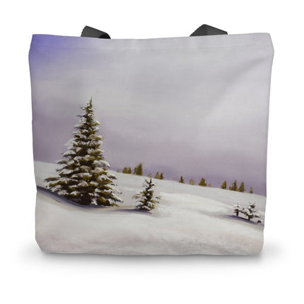 Pretty, snowy landscape art tote. Lilac, white and Pink colours.