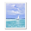 The White Sailboat on calm tranquil ocean painting, fine art giclée print in a white frame