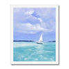 The White Sailboat on calm tranquil ocean painting, fine art giclée print in a white frame