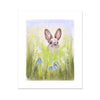 Brown Rabbit peeping over the meadow flowers and grasses artwork. Unframed canvas print with a white border. Unframed 