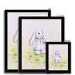 White rabbit artwork nursery print in black frame. Different sizes