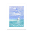 White Sailing Boat on tranquil turquoise waters, artwork. Fine art canvas print. Blue and white nautical art print.