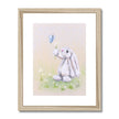 Adorable rabbit, flowers and butterfly, artwork. Fine art print in a natural frame with a white mount.