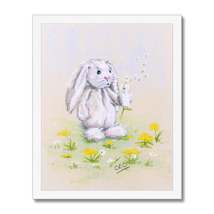 Adorable rabbit and dandelion flowers fine art nursery print in white frame. Portrait format.