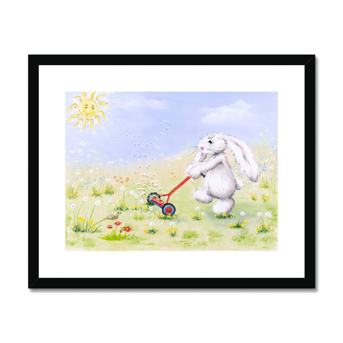 Cute white flopsy rabbit in meadow flowers. Art print in black frame with a white mount.