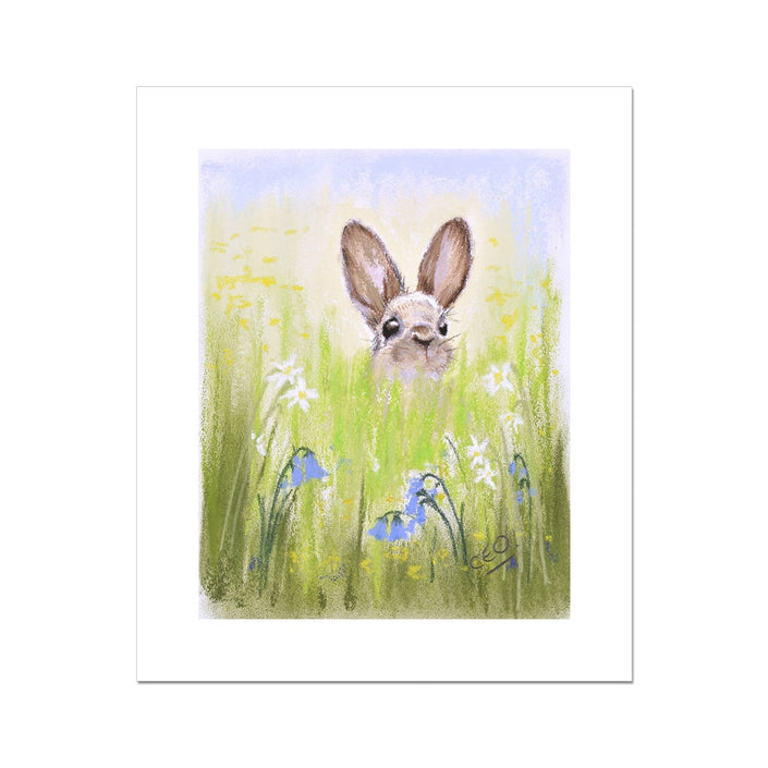 Brown Rabbit peeping over the meadow flowers and grasses artwork. Unframed Eco and Vegan-friendly canvas print with a white border. 