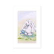 Adorable white rabbit watering daisy flowers with a little blue watering can, nursery canvas art print.