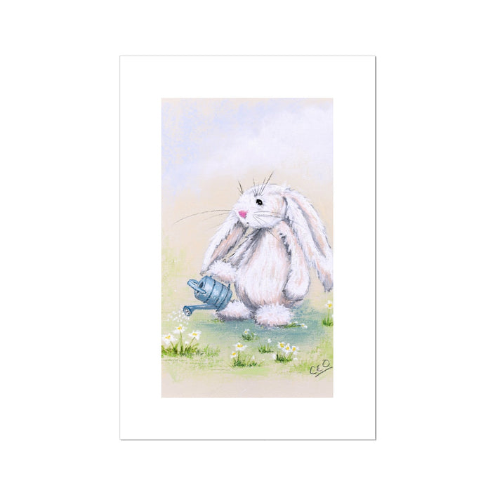 Adorable white rabbit watering daisy flowers with a little blue watering can, nursery canvas art print.