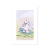 Adorable white rabbit watering daisy flowers with a little blue watering can, nursery canvas art print.