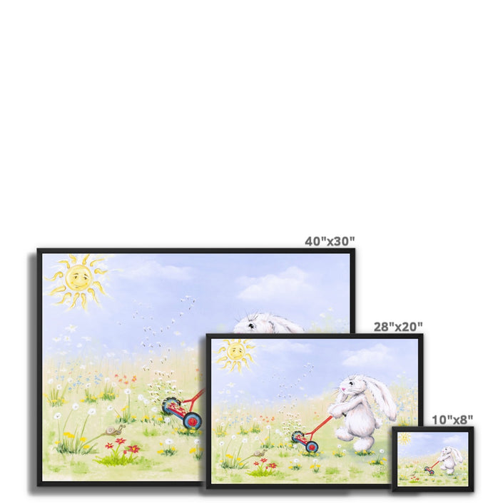 White flopsy rabbit, sunshine and meadow flowers fine art canvas artwork print with black frame. Different sizes