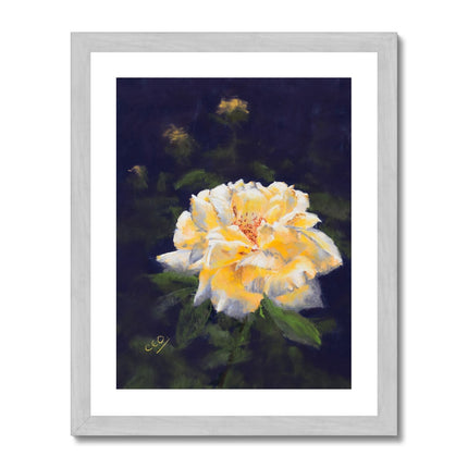 Yellow rose artwork print in silver frame.