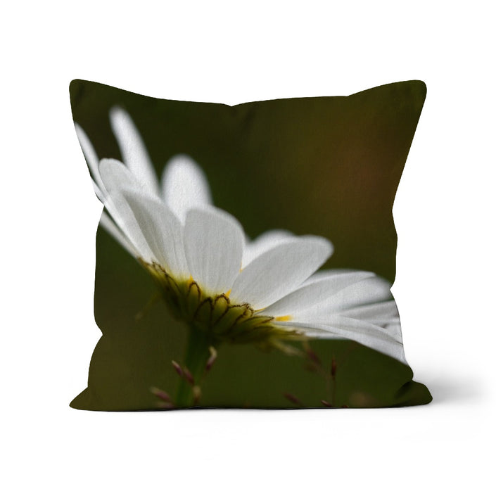 White daisy square throw cushion. Square. Super-soft faux suede. White and green