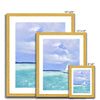 Small white sailing boat on calm sea artwork prints in gold frame with white mount. Portrait orientation. Different sizes.