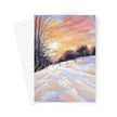 Snowy landscape at sunset, artwork greeting card. Portrait format