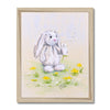 Adorable rabbit and dandelion flowers fine art nursery print in natural frame. Portrait format.