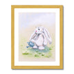 White rabbit, watering can and daisy flowers painting. Fine art print in a gold frame.