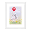 Rabbit and balloon nursery fine art print in white frame with white mount.