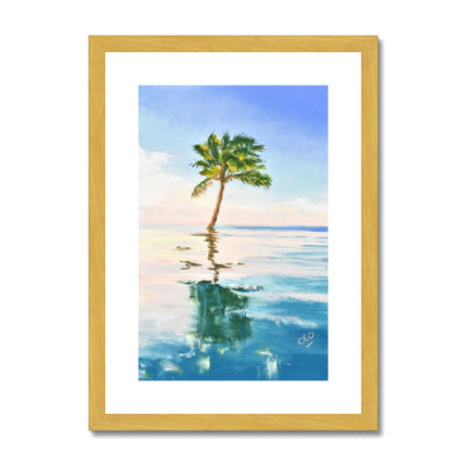 Palm tree artwork. Fine art print in a gold frame with white mount. Portrait format.