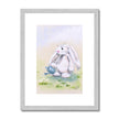 Adorable rabbit, watering can and daisy flowers painting. Fine art print in silver frame.