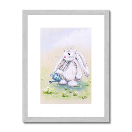 Adorable rabbit, watering can and daisy flowers painting. Fine art print in silver frame.