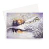 Snow covered village landscape artwork, greeting card. Landscape orientation