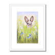 Rabbit in the meadow flowers. Fine art print with white frame and a white mount.