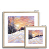 Snowy winter landscape at sunset painting. Square fine art prints in natural frames with white mount. Different sizes