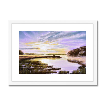 marshland sunset fine art framed print. White frame with white mount.