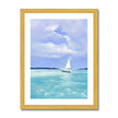 Small white sailing boat on calm sea artwork print in gold frame with white mount. Portrait orientation.