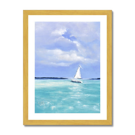 Small white sailing boat on calm sea artwork print in gold frame with white mount. Portrait orientation.