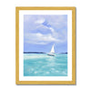 Small white sailing boat on calm sea artwork print in gold frame with white mount. Portrait orientation.