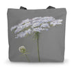 Grey and white flower art canvas tote bag.