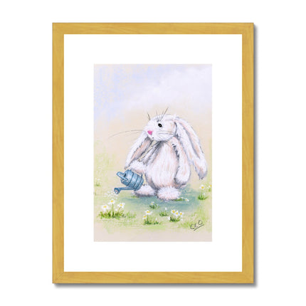 Adorable rabbit, watering can and daisy flowers painting. Fine art print in gold frame with white mount