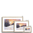 Snowy winter landscape at sunset painting. Fine art prints in natural frames with white mount. Landscape format, different sizes