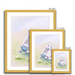 Gorgeous flopsy white rabbit watering the daisy flowers with a little blue watering can, fine art prints in a gold frame. Perfect Nursery Art. Different sizes