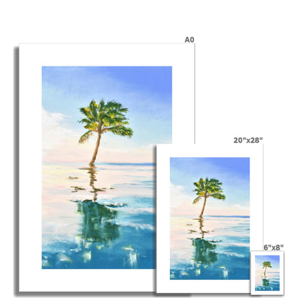 Palm tree set against blue sky and reflecting in clear turquoise water. Canvas wall art prints. Different sizes