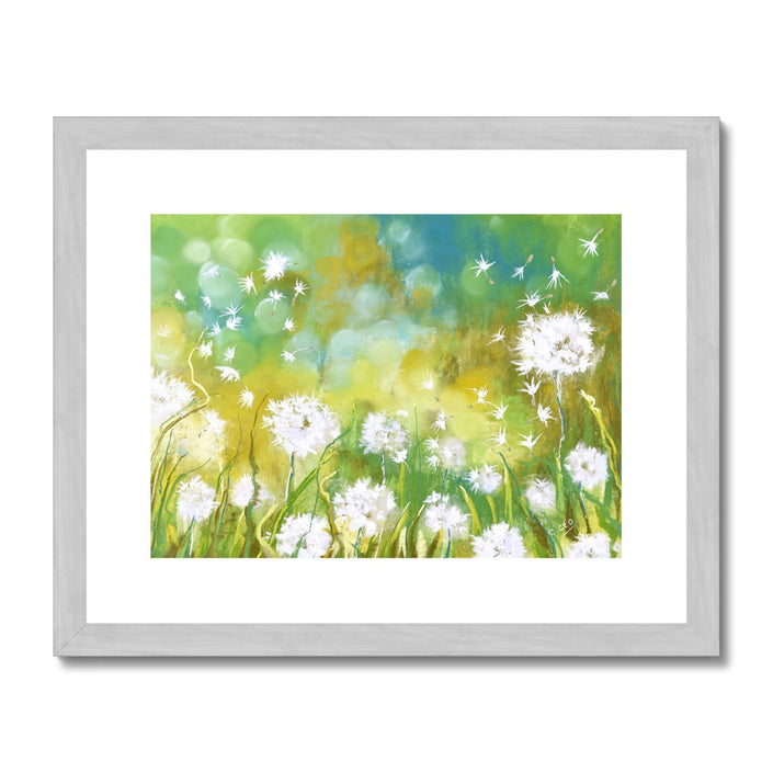 Dandelion Seeds art print in silver frame