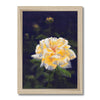 Yellow rose artwork print with natural light wooden frame. Portrait orientation.